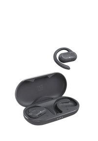 Wireless black earbuds with ear hooks, one inside an open charging case showing LED indicators, the other placed above the case.