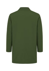 Cappotto verde oliva a maniche lunghe con scollo a collo, texture liscia e design minimalista. Nessuna ferramenta o motivo visibile.