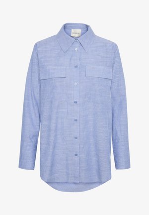 Light blue button-up shirt with vertical white stripes, long sleeves, two chest pockets, and a classic collar. Smooth cotton fabric.