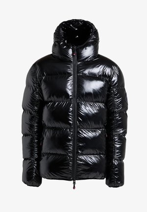 Black puffer jacket with a shiny finish, high collar, zip front, stitched panels, and side pockets. Textured fabric with a smooth surface.
