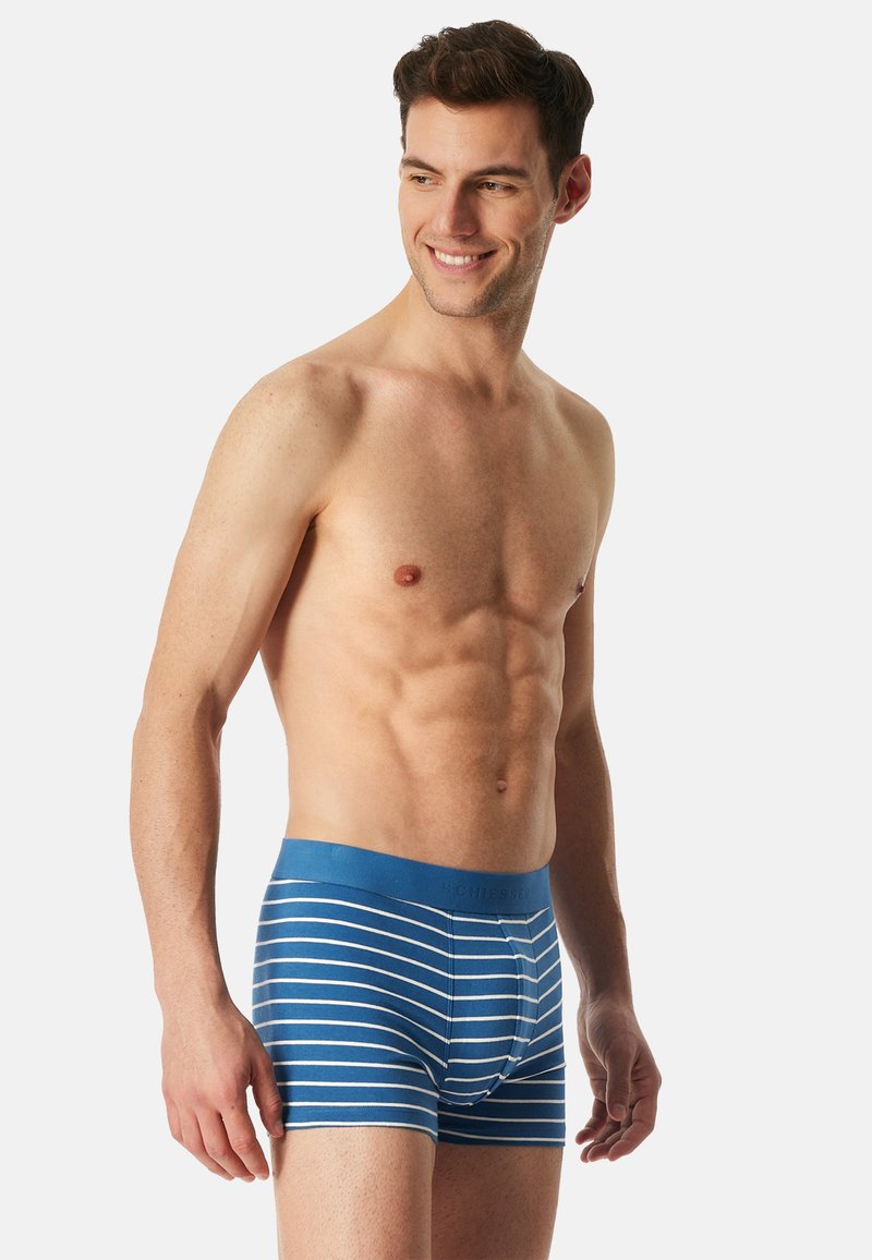 Blue striped boxer briefs with a solid waistband, featuring horizontal white stripes and a form-fitting design. Smooth texture, breathable material.