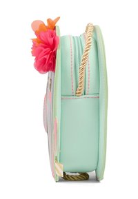 Mintgroene tas met bloemenaccenten, gouden touwhandvat en roze stiksel. Heeft een ronde vorm en een ritssluiting. Zachte materiaalsamenstelling.