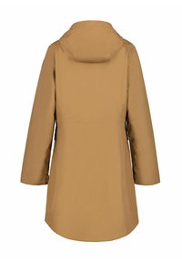 Giacca a cappuccio marrone con taglio dritto, maniche lunghe e texture liscia. Design semplice, senza decorazioni o motivi visibili.