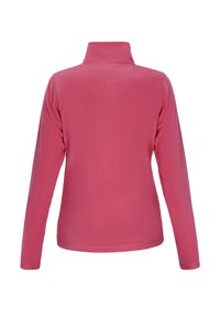 Roze fleece lange mouwen top met een hoge kraag, gladde textuur en geen zichtbare hardware of accenten, weergegeven van de achterkant.