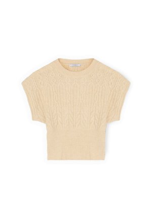 Krótki sweter z krótkim rękawem, wykonany z dzianiny w jasnobeżowym kolorze, z fakturowanym wzorem warkocza i prążkowanym wykończeniem. Miękka, lekka tkanina o krótkim kroju.