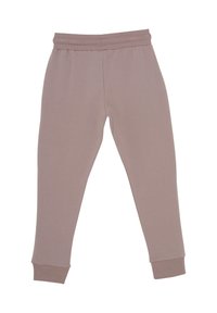 Ljust bruna sweatpants i mjukt tyg, med elastisk midja och ribbade fållar, i en rak benform.