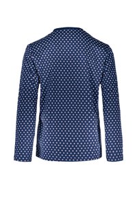 Long-sleeve shirt in navy blue fabric with a repeated small diamond pattern in white and red. Features a classic collar and curved hem.
