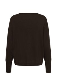 Pull en maille marron foncé à manches longues avec un col rond et des poignets côtelés, vu de dos sur fond blanc.