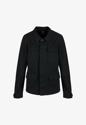 Black cotton jacket with a collared neck, two chest pockets, and two side pockets. Features button closures and a relaxed fit design.