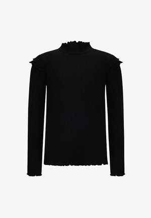 Zwarte geribbelde trui met lange mouwen, hoge hals en ruches op de schouders. Textuur gebreide stof en een golvende onderrand.