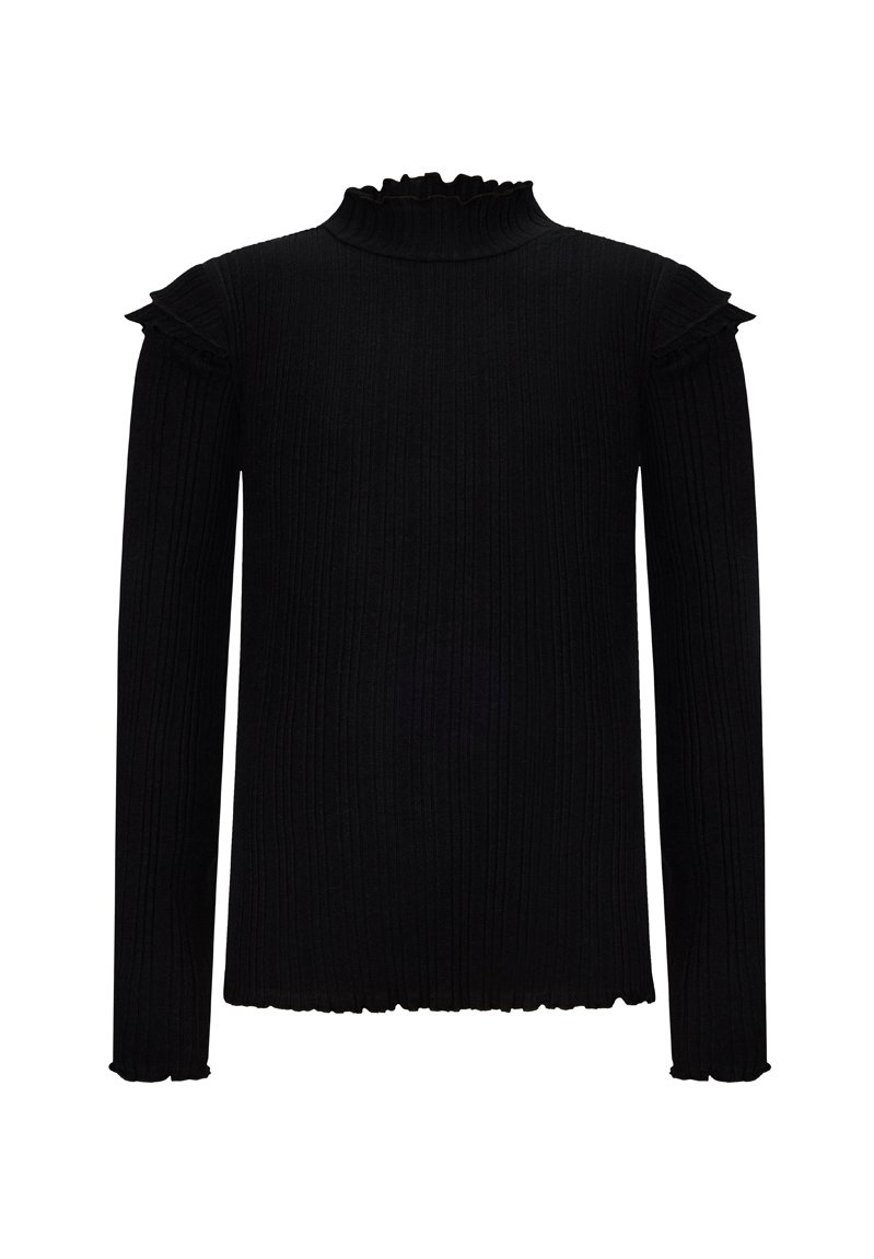 Schwarzer gerippter Pullover mit langen Ärmeln, hohem Kragen und Rüschendetails an den Schultern. Strukturierter Strickstoff und welliger Saum.