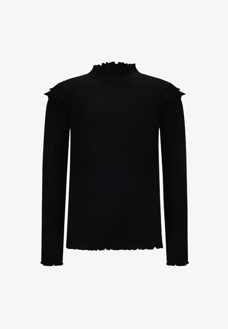 Schwarzer gerippter Pullover mit langen Ärmeln, hohem Kragen und Rüschendetails an den Schultern. Strukturierter Strickstoff und welliger Saum.