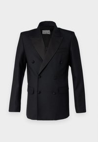 Svart dubbelknäppt kavaj med satinrevers, strukturerade axlar, två framfickor och knapppunktioner. Slät textur, skräddarsydd passform.