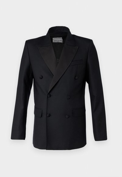 Zwarte dubbelzijdige blazer met satijnen revers, gestructureerde schouders, twee voorkanten zakken en knopen details. Glad textuur, perfecte pasvorm.
