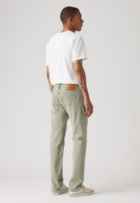 Hellgrüne, gerade geschnittene Jeans mit strukturiertem Finish und einem braunen Lederpatch am hinteren Bund. Kombiniert mit einem weißen T-Shirt.