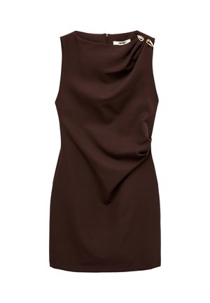 Ärmelloses dunkelbraunes Mini-Kleid mit Schulterfalten und zwei goldenen, tropfenförmigen Knöpfen an der rechten Schulter.