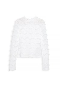 Maglietta bianca a maniche lunghe con ruches testurizzate su corpo e maniche, realizzata in tessuto leggero con scollatura rotonda.