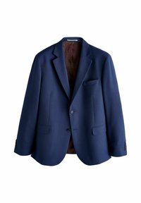 Kék tengerészkék zakó texturált anyagból, egysoros szabással, két első zsebbel és mintás barna béléssel.