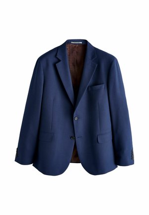 Marineblazer aus strukturiertem Stoff, mit einreihigem Design, zwei vorderen Taschen und einem gemusterten braunen Futter.