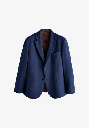 Marineblå blazer lavet af tekstureret stof, med enkeltspændt design, to forlommer og et mønstret brunt foer.