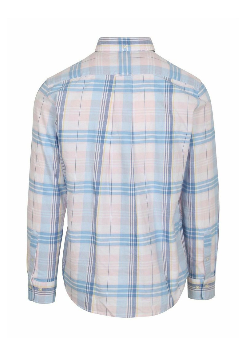Long-sleeve button-up shirt with blue and light pink plaid pattern shown from the back on a white background.