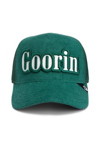 Green cap featuring raised white "Goorin" lettering on the front. Soft fabric, flat brim, and mesh sides with a logo tag on the left.