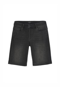 Zwarte denim shorts met een recht gesneden ontwerp, voorzien van een knoopsluiting aan de voorkant, riemlussen en vijf zakken. De textuur heeft een licht vervaagde afwerking.