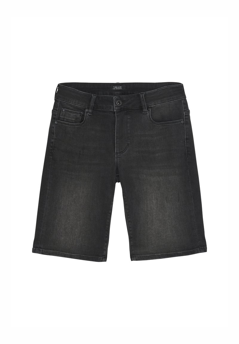 Zwarte denim shorts met een recht gesneden ontwerp, voorzien van een knoopsluiting aan de voorkant, riemlussen en vijf zakken. De textuur heeft een licht vervaagde afwerking.