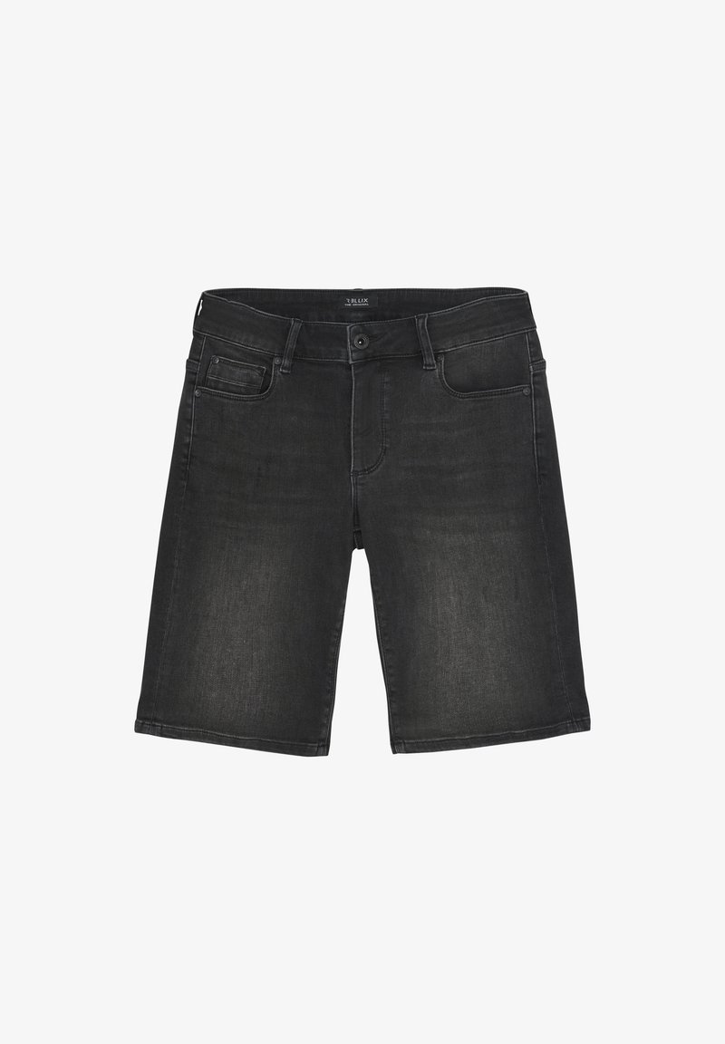 Zwarte denim shorts met een recht gesneden ontwerp, voorzien van een knoopsluiting aan de voorkant, riemlussen en vijf zakken. De textuur heeft een licht vervaagde afwerking.