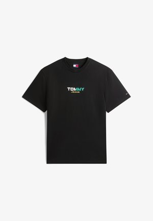 T-shirt noir à manches courtes avec le logo "TOMMY JEANS" en blanc, turquoise et jaune sur la poitrine, et un petit drapeau Tommy sur la manche gauche.