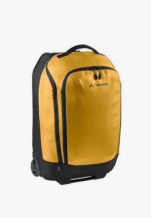 Roller-Rucksack mit einem gelben, strukturierten Stoffkörper und schwarzem Boden, ausgestattet mit doppelten Reißverschlüssen und einem Tragegriff an der Oberseite.