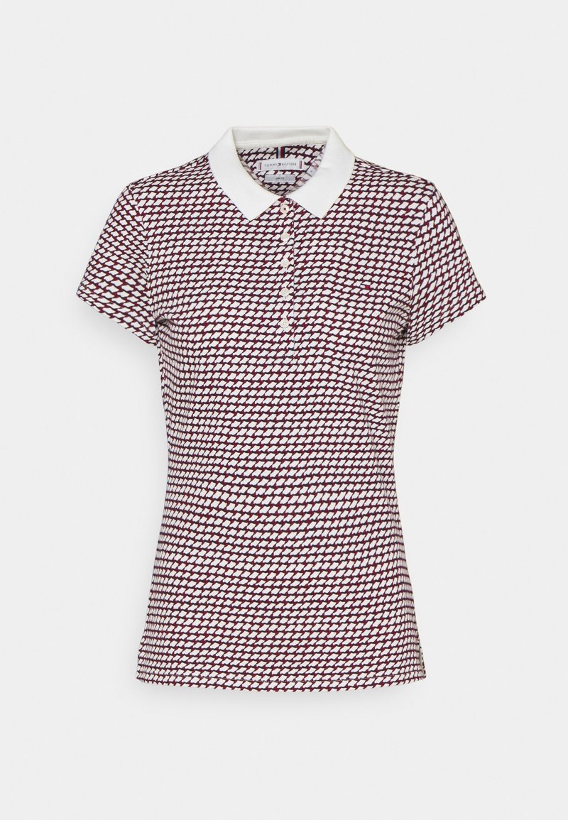 Polo à manches courtes avec col blanc et petit motif losange répété en bordeaux et blanc, patte boutonnée devant.