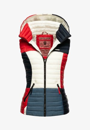 Veste sans manches matelassée avec capuche en blocs de couleur rouge, blanc, marine et bleu et fermeture éclair à l'avant de la marque Navahoo.