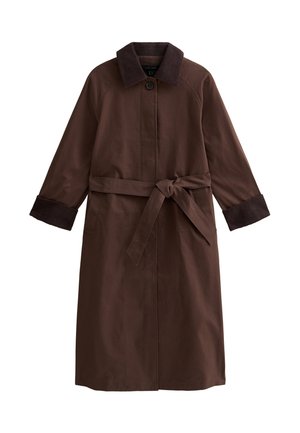 Brown trench coat with a buttoned collar, tie belt, and long sleeves featuring contrasting ribbed cuffs. Smooth fabric, knee-length design.