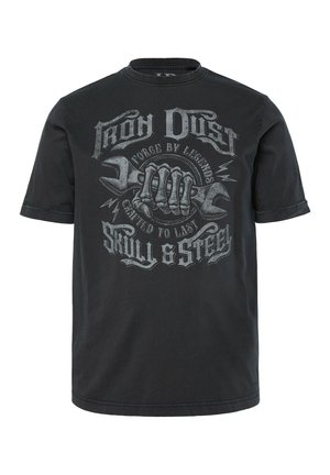 Schwarzes Baumwoll-T-Shirt mit einem grafischen Druck einer Skeletthand, die einen Schraubenschlüssel hält, mit dem Text "Iron Dust" und "Skull & Steel" in Grau.