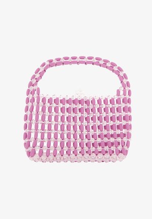 Petit sac à main composé de rangées alternées de perles ovales roses et de perles rondes transparentes avec une anse et un fermoir perlés.