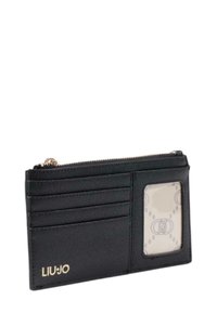 Portafoglio in pelle nera con diverse fessure per schede, una finestra trasparente per l'ID e una chiusura con zip. Logo dorato in evidenza.