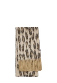 Szalik w zwierzęcy wzór z miękkiej wełny, z beżowym i brązowym motywem, wykończony frędzlami. Prostokątny kształt, gładka faktura.