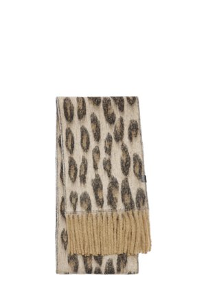 Szalik w zwierzęcy wzór z miękkiej wełny, z beżowym i brązowym motywem, wykończony frędzlami. Prostokątny kształt, gładka faktura.