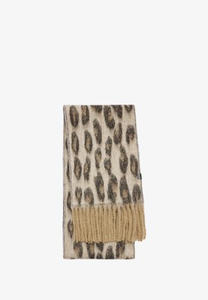 Szalik w zwierzęcy wzór z miękkiej wełny, z beżowym i brązowym motywem, wykończony frędzlami. Prostokątny kształt, gładka faktura.