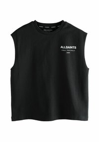 Must särkmustast puuvillast T-särgi, millel on ümar kaelus ja valge trükitud logo "ALLSAINTS" ees. Lihtne ja puhas disain.