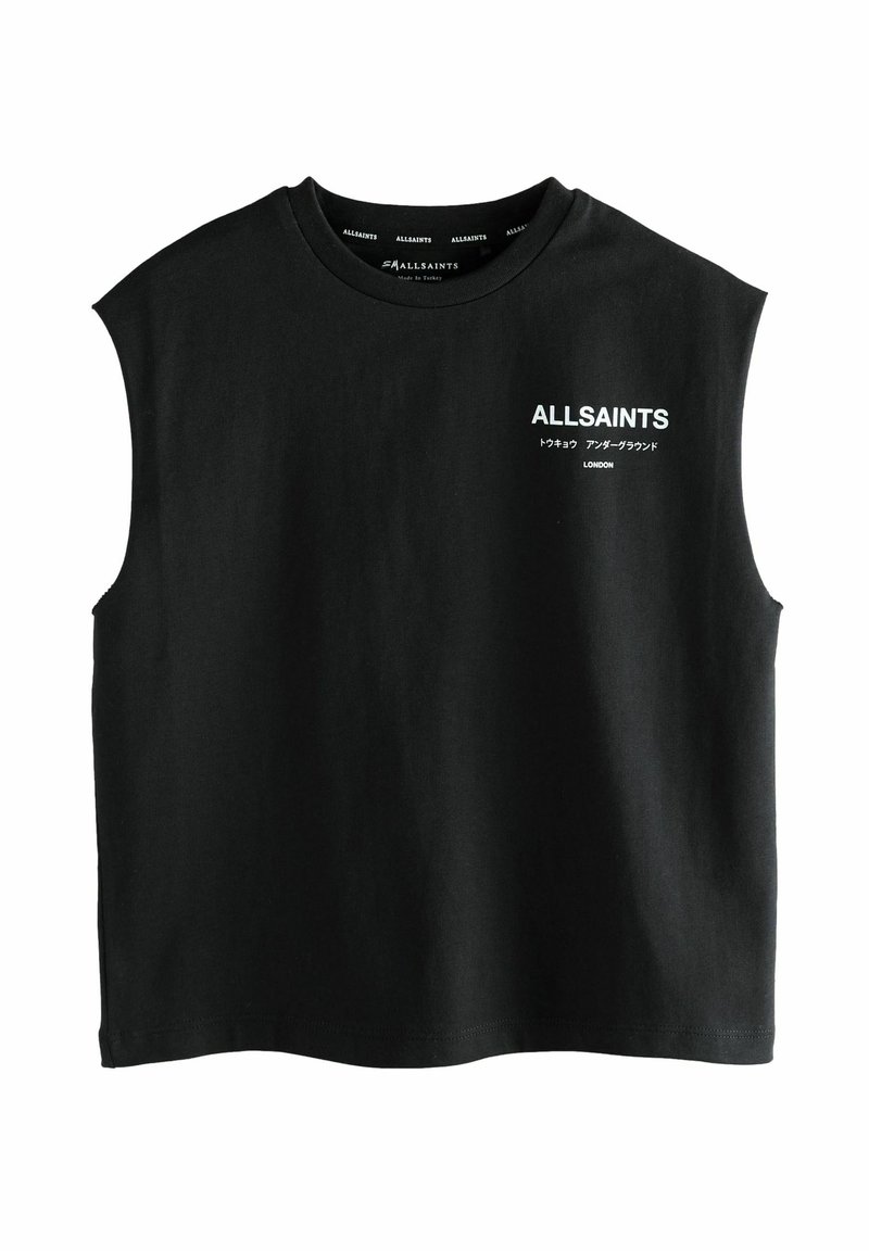 Must särkmustast puuvillast T-särgi, millel on ümar kaelus ja valge trükitud logo "ALLSAINTS" ees. Lihtne ja puhas disain.
