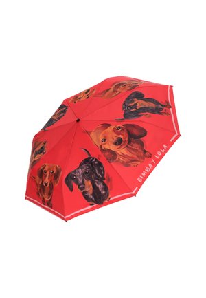 Czerwona parasolka z różnymi ilustracjami jamników w kolorze brązowym i czarnym. Zauważalne szczegóły to metalowa konstrukcja oraz nadrukowana nazwa marki.