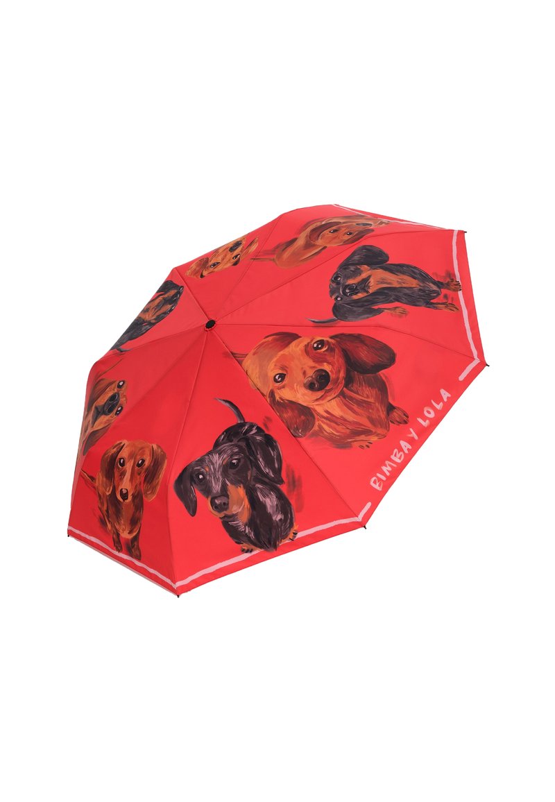 Czerwona parasolka z różnymi ilustracjami jamników w kolorze brązowym i czarnym. Zauważalne szczegóły to metalowa konstrukcja oraz nadrukowana nazwa marki.