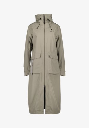 Langer beiger Regenmantel mit Kapuze, Frontreißverschluss, verstellbaren Kordeln an der Kapuze, zwei großen Klappentaschen und langen Ärmeln.