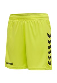Neon-gelbe Sportshorts mit einem elastischen Bund, ausgestattet mit schwarzen Seitenelementen und dem "hummel"-Logo nahe dem Saum. Glattes, leichtes Material.