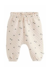 Pantaloni per neonati trapuntati di un rosa pallido con vita ed caviglie elastiche, decorati con piccoli stampini a ciliegia blu e un laccetto davanti.