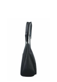 Sac à main en cuir noir avec une texture en relief, forme triangulaire allongée et deux poignées plates et robustes. Présente un design lisse et sans couture.