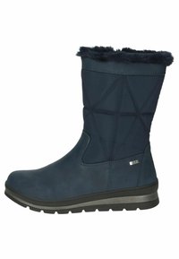 Botas de tobillo impermeables en azul marino con forro de piel sintética, material texturizado, patrones de costura geométricos y suela de goma.