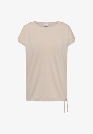 Beige kurzärmlige Bluse mit gerafften Details an den Ärmeln und einer kleinen verstellbaren Schleife am unteren rechten Saum.